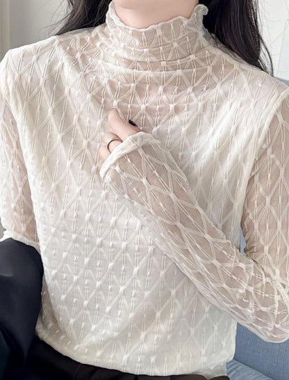 Mesh Long-Sleeve Turtleneck Top