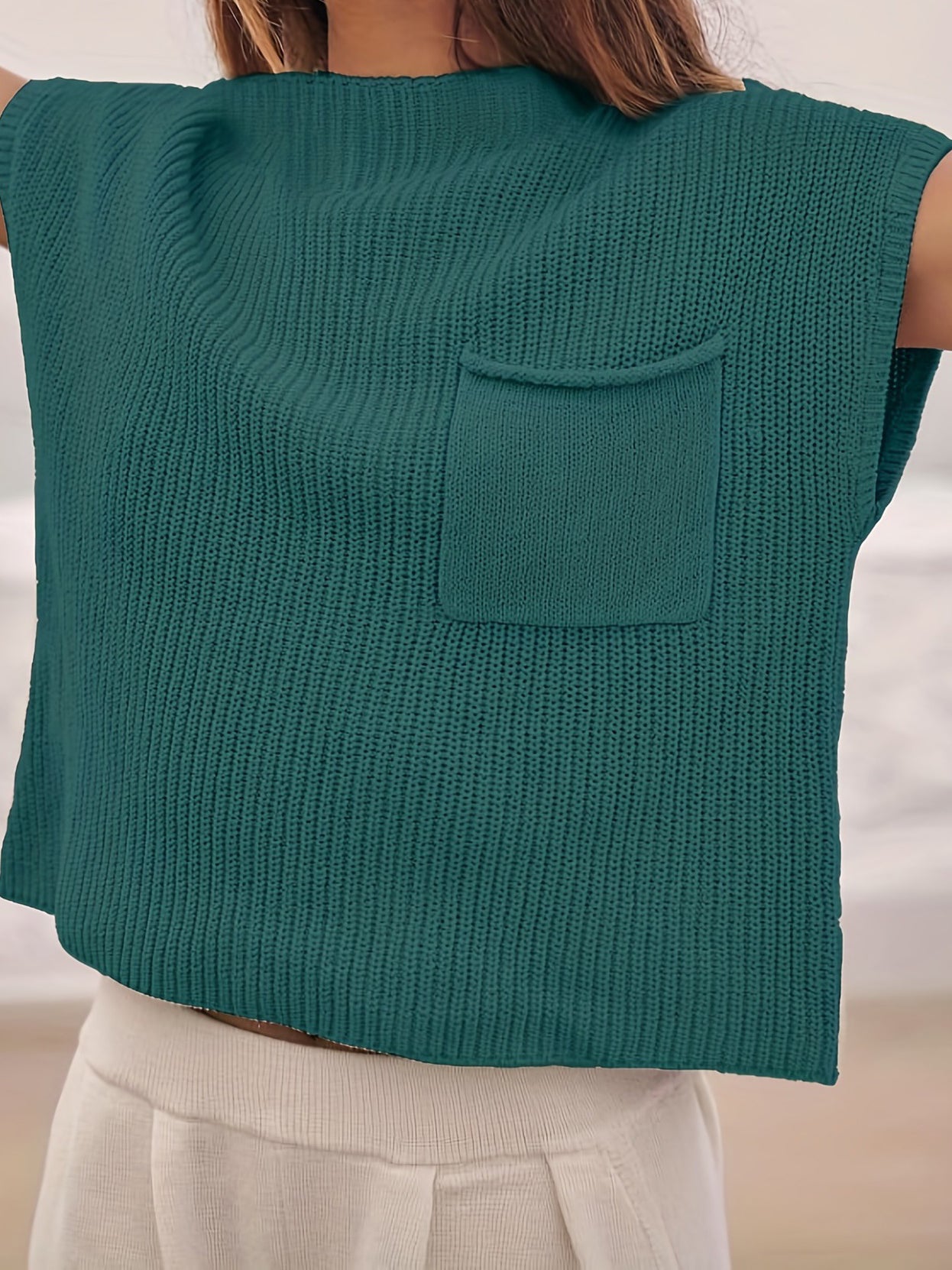 Solid Sleeveless Pocket Sweater