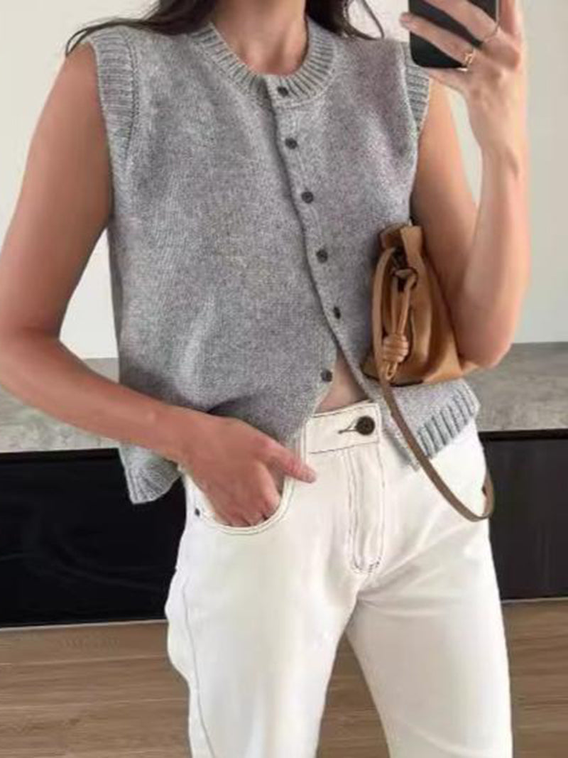 Sleeveless Button-Up Knit Top