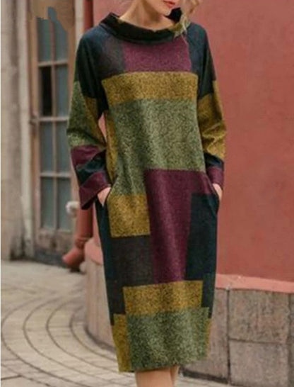 Colorblock Patchwork Long Sleeve Midi Dress