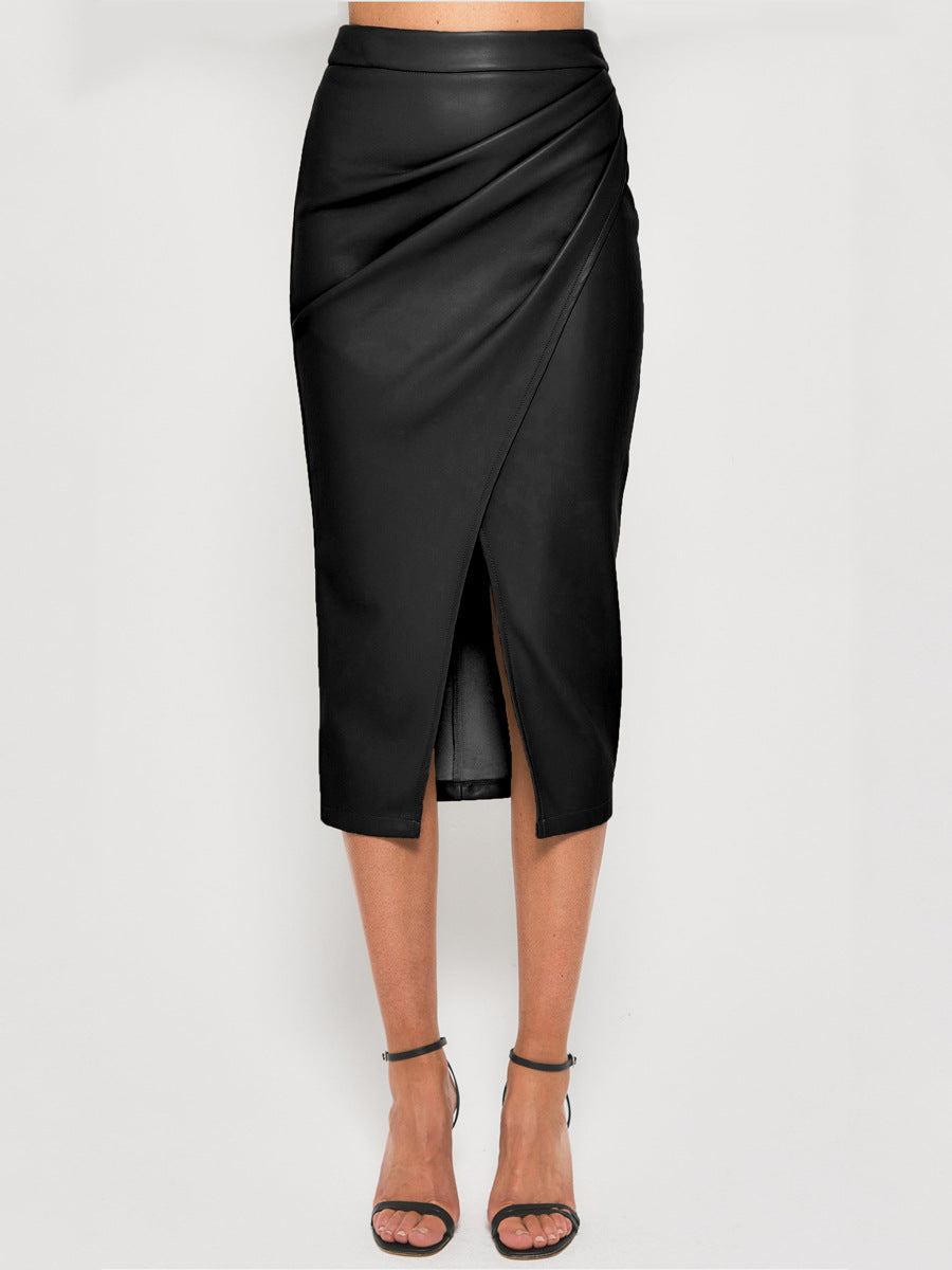 Ruched Faux Leather Split-Hem Midi Skirt