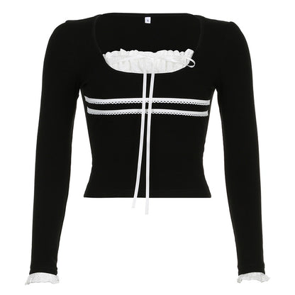 Lace-Trim Long Sleeve Crop Top