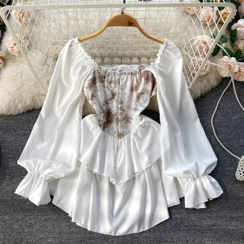 Puff-Sleeves Ruffle Corset Top