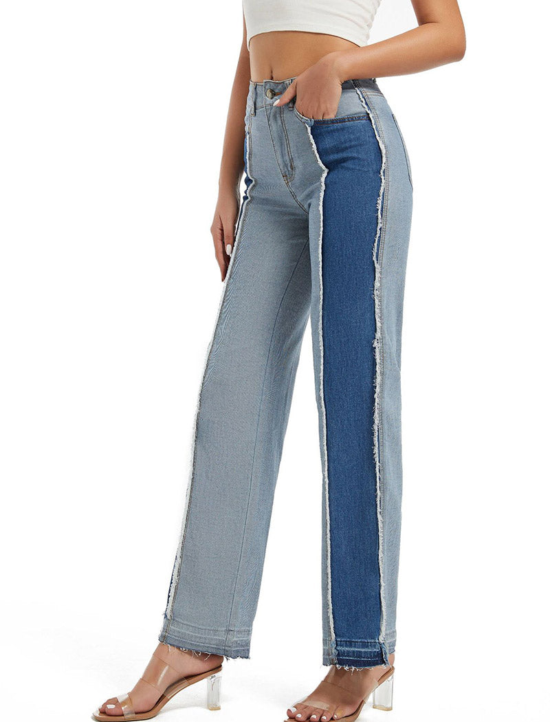 Two-Tone Wide-Leg Jeans with Seam Detailing