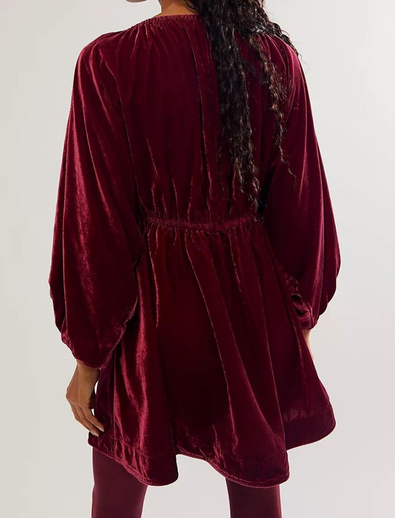 Velvet Mini Dress with Deep V-Neck and Balloon Sleeves