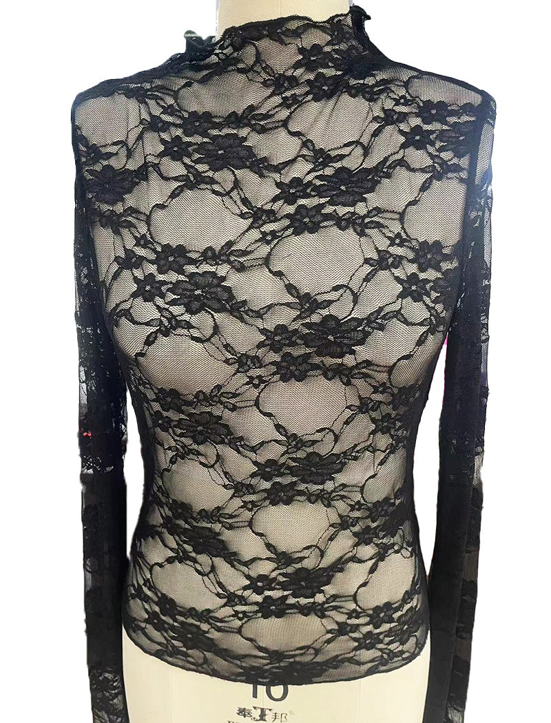 Sheer Floral Lace Top with Mock Neck