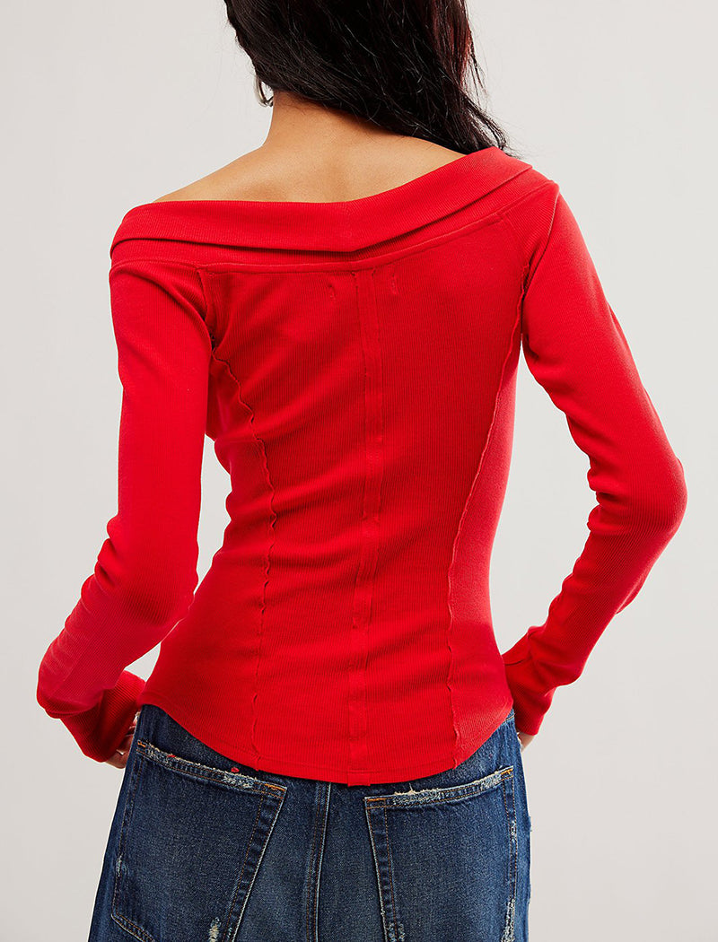 Off-Shoulder Zip-Front Long Sleeve Top