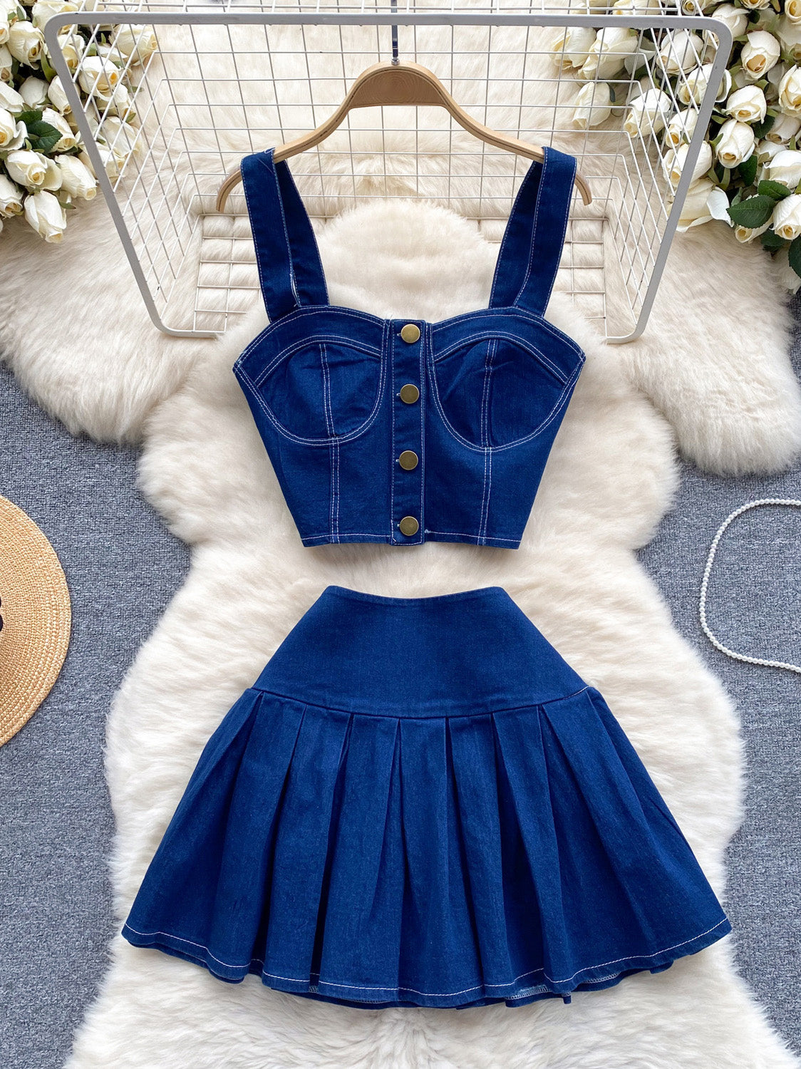 Denim Corset Top &amp; Pleated Mini Skirt Set