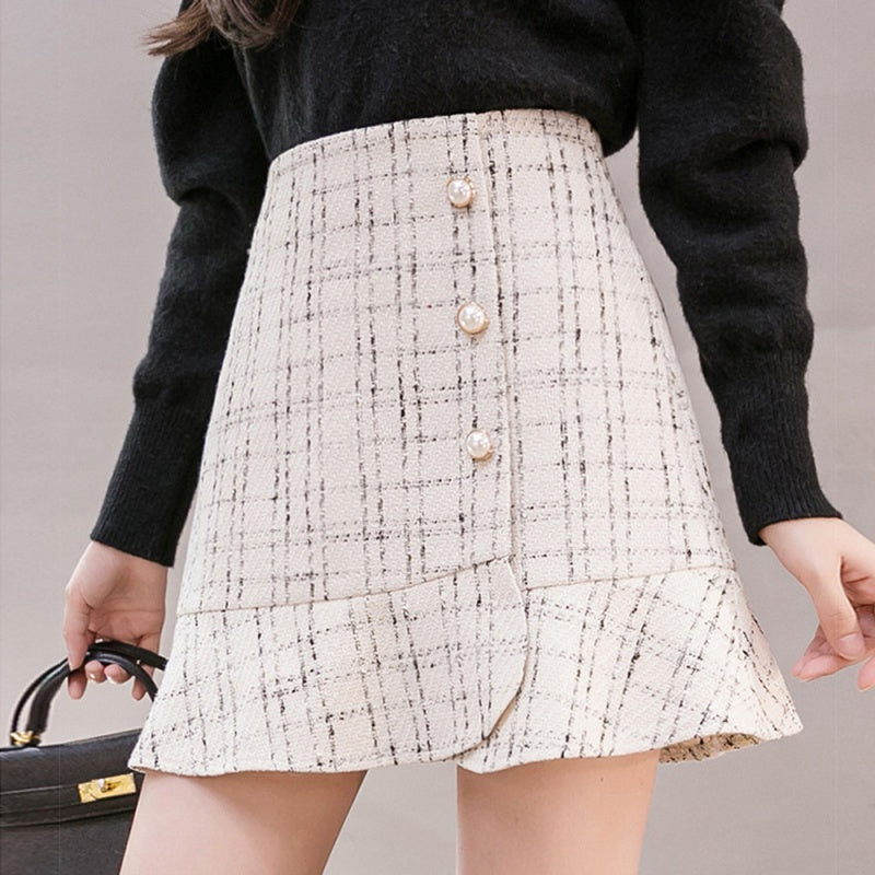 Ruffle Plaid Button Skirt