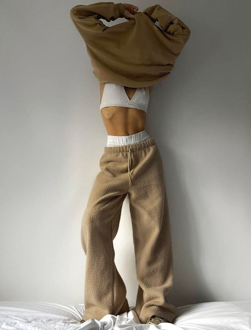 Wide-Leg Plush Drawstring Lounge Pants