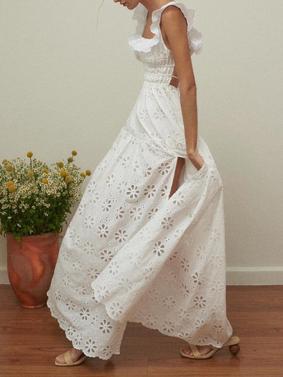 Eyelet Ruffle Sleeve Maxi Slit Dress