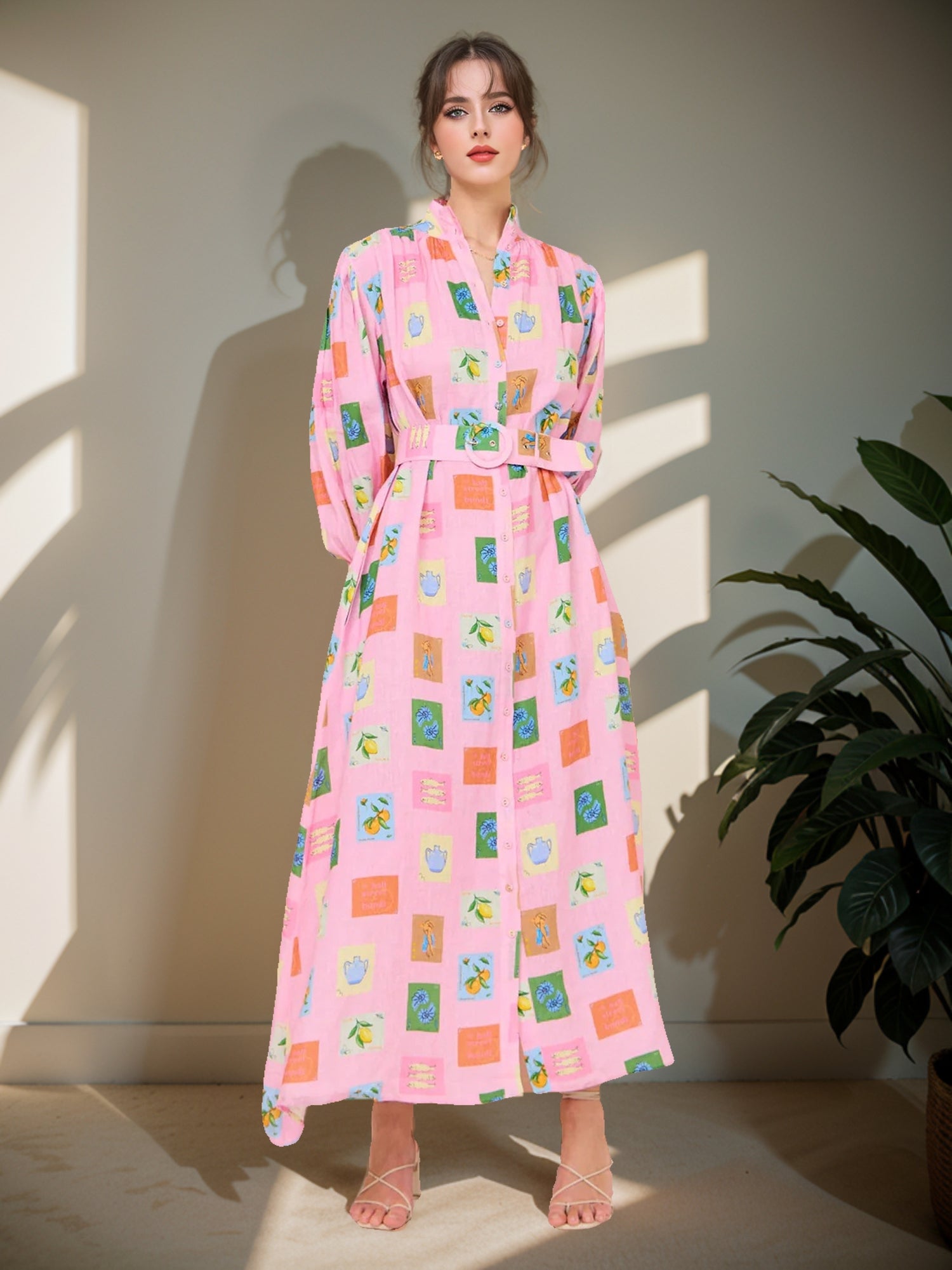 Graphic Print Belted Maxi Dress