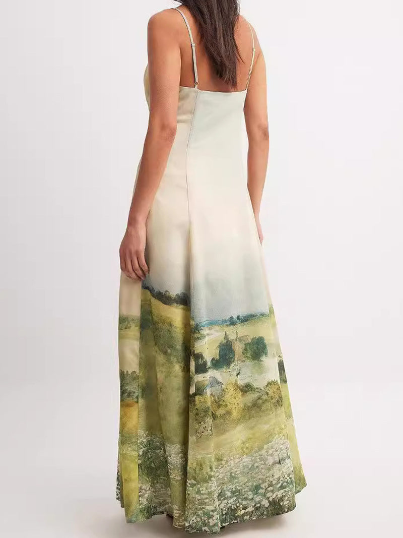 Spaghetti Strap Landscape Print Maxi Dress