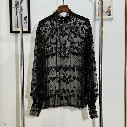 Sequin Sheer Long-Sleeve Top