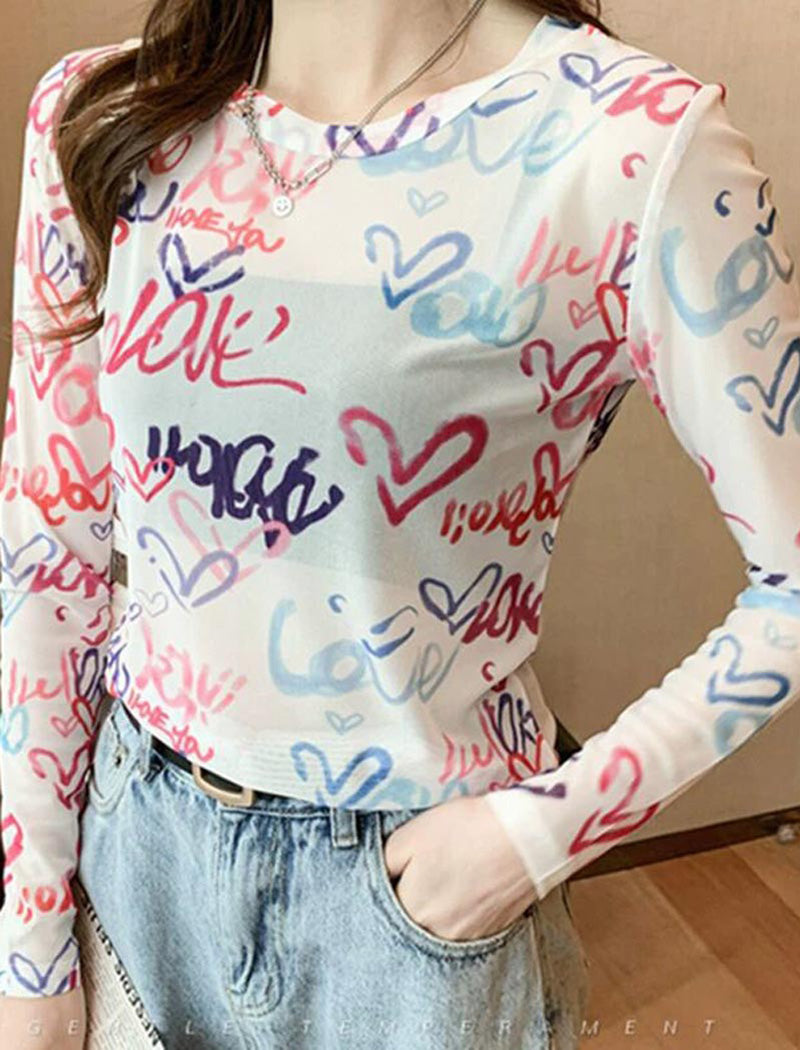 Graffiti Print Long Sleeve Mesh Tee
