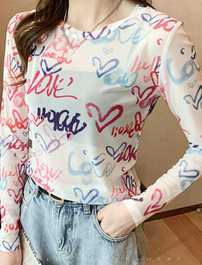 Graffiti Print Long Sleeve Mesh Tee