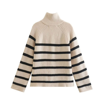 Striped High-Neck Pullover Sweater