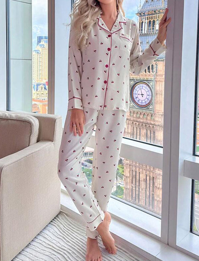 Cherry Print Top and Pants Lounge Pajamas Set