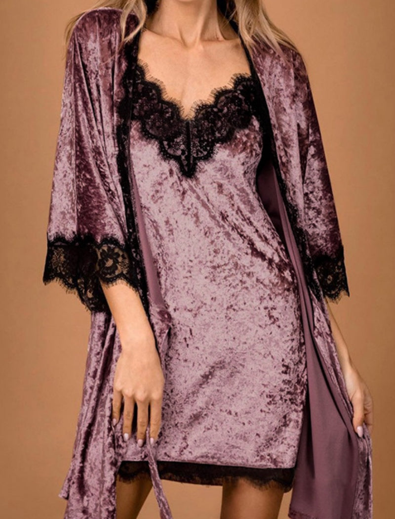 Velvet Lace Trim Robe and Nightgown Set