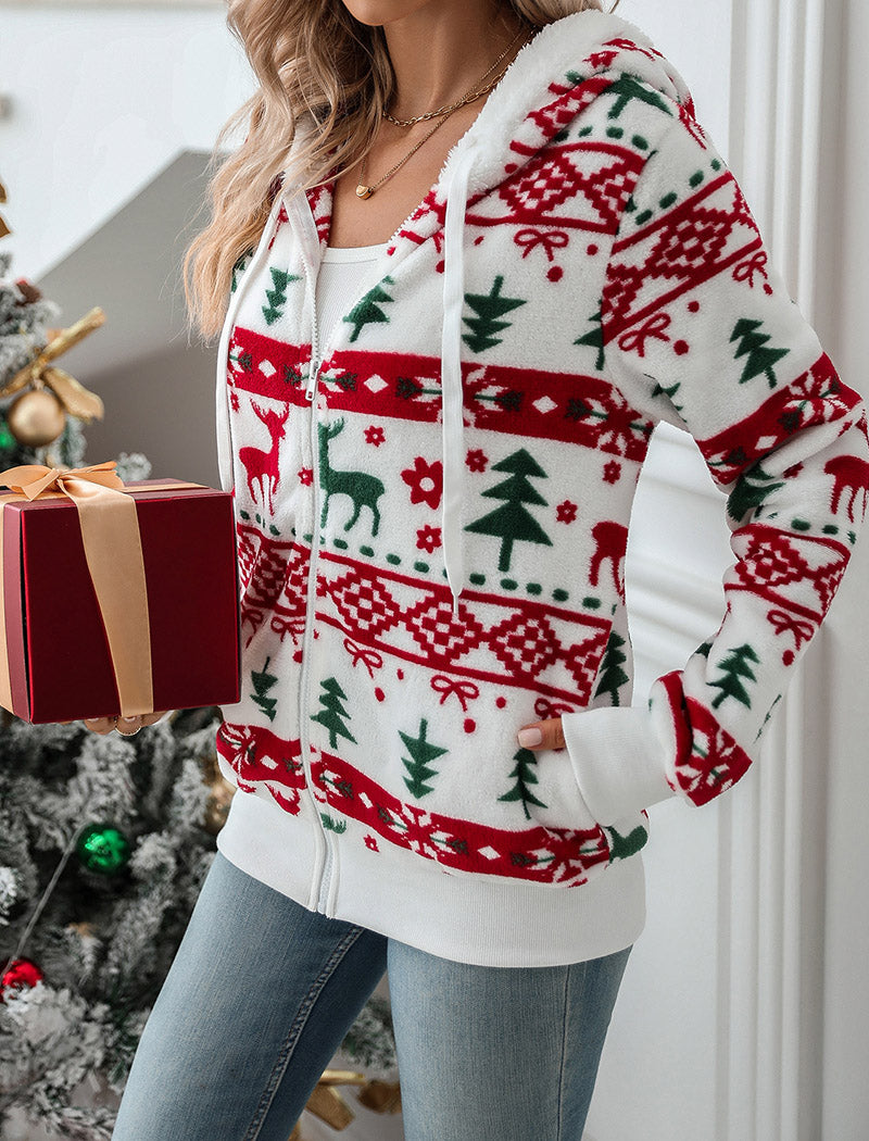 Festive Zip-Up Hooded Cardigan