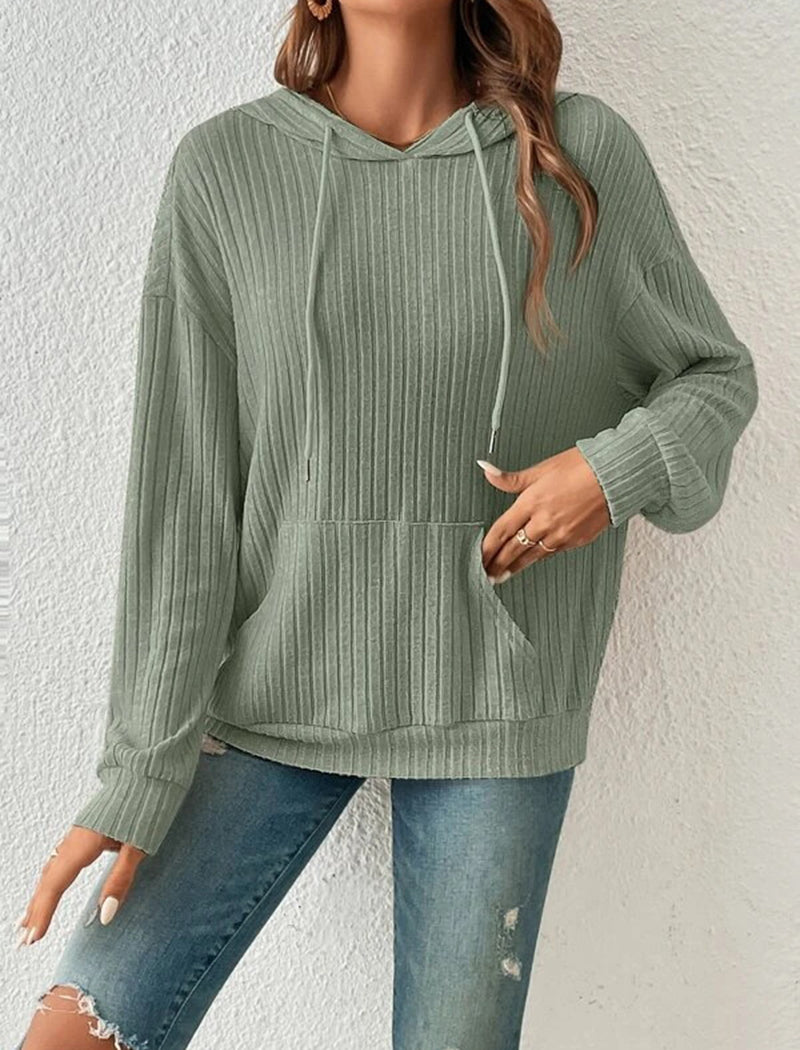 Ribbed Knit Hoodie with Front Pocket