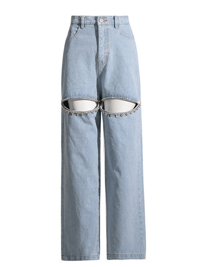 Cutout Rhinestone Straight-Leg Jeans