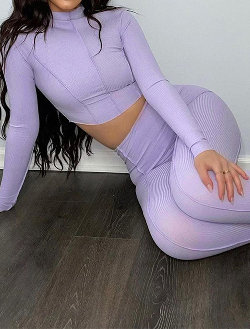 High-Neck Long-Sleeve Crop Top and Leggings Set