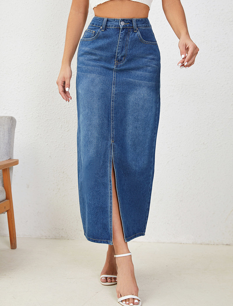 High-Rise Denim Split-Hem Maxi Skirt