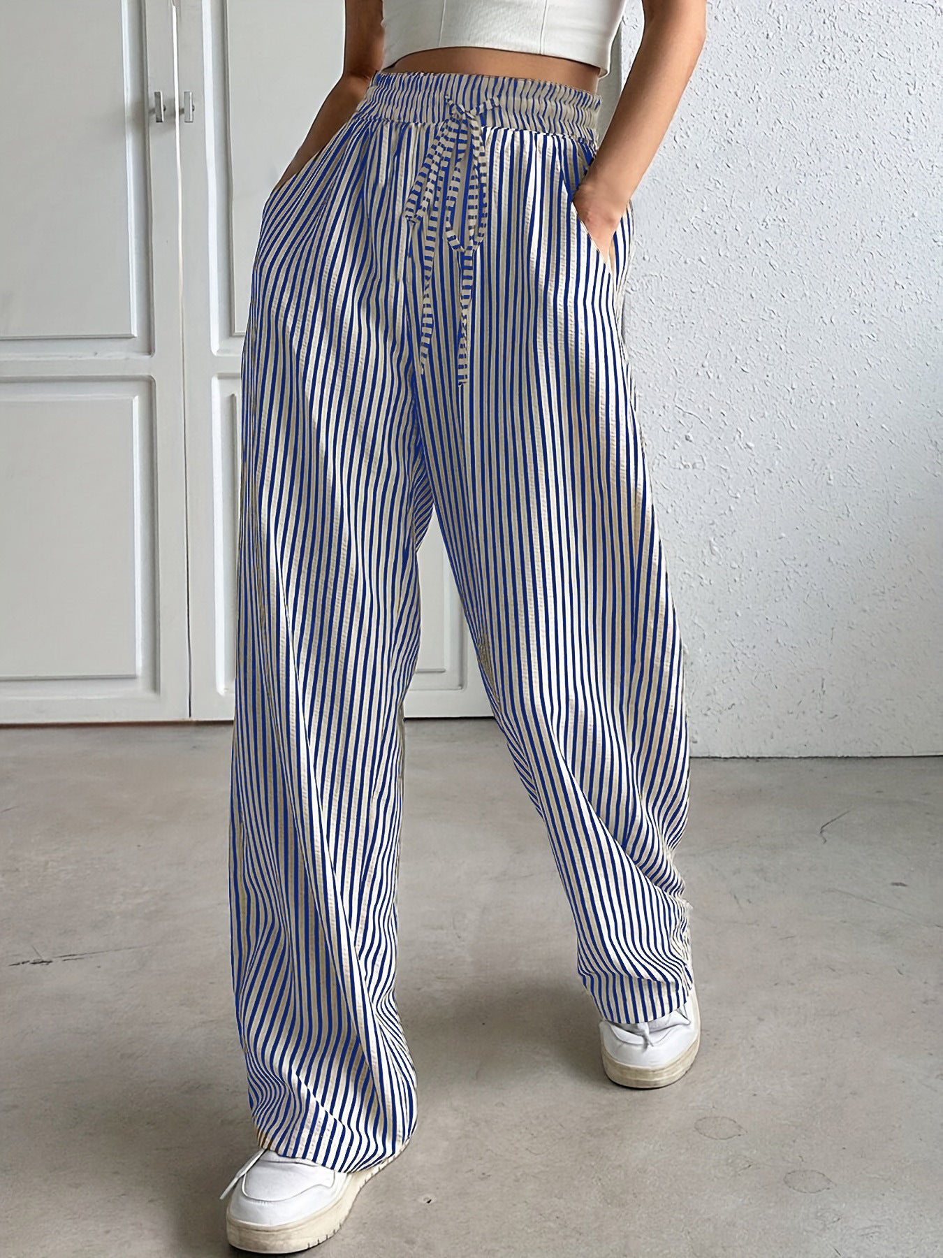 Striped Wide-Leg Drawstring Pants