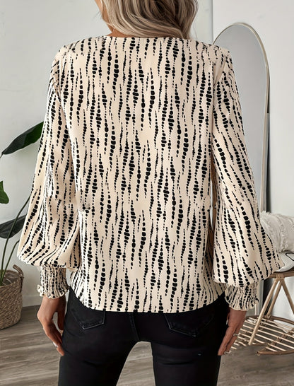 Abstract Pattern Blouse with V-Neck