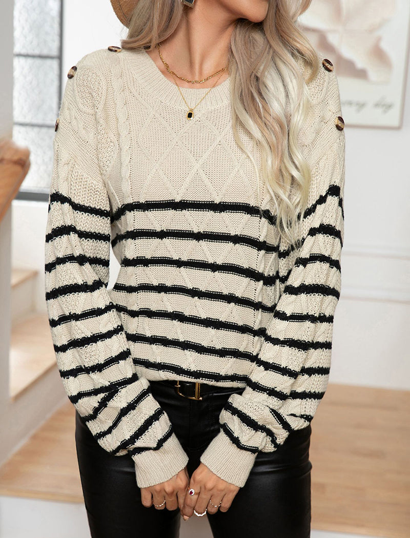 Striped Buttoned Cable Knit Pullover Sweater