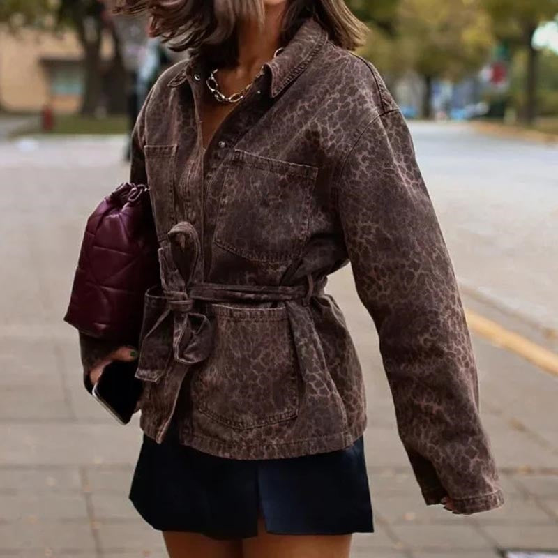 Animal Print Collar Belted Jacket