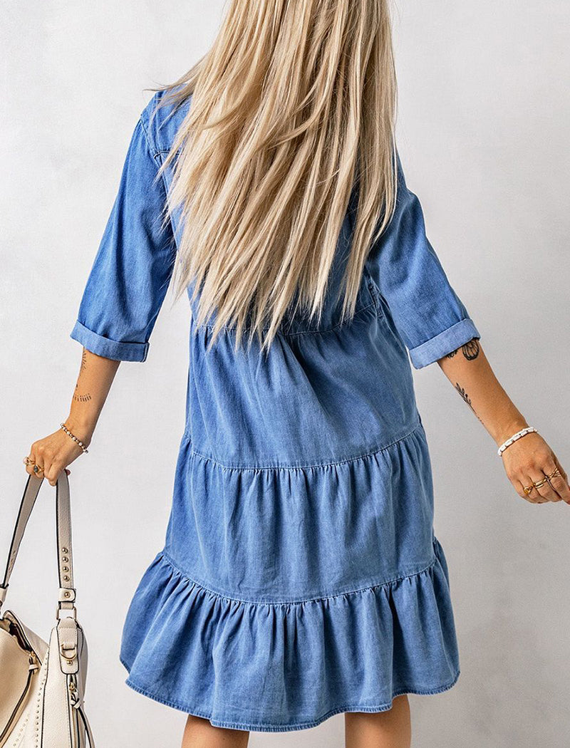 Tiered Button-Up Denim Mini Dress