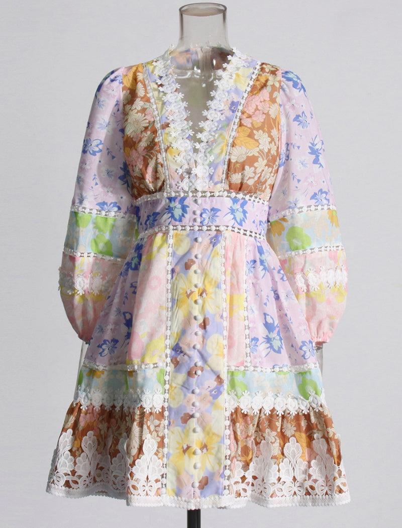 Patchwork Lace Puff-Sleeve Dress