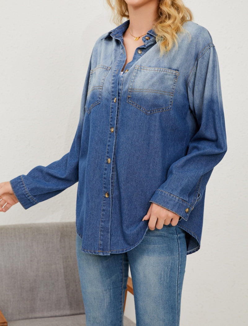 Button-Up Denim Shirt with Front Pockets