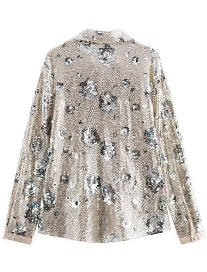 Sequin Loose-Fit Long Sleeve Button-Down Shirt