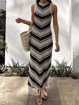 Chevron Pattern Fringe Maxi Dress