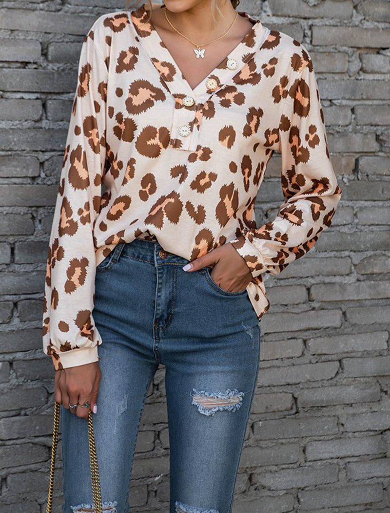 Leopard Print V-Neck Off-Shoulder Long Sleeve Top