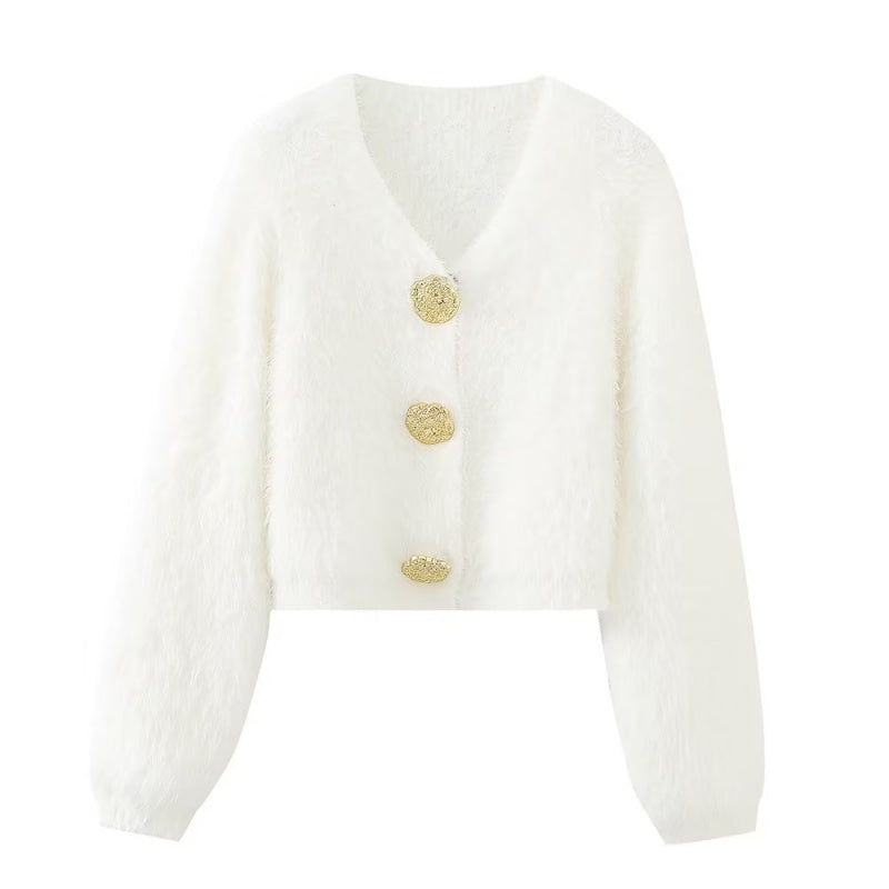 Button-Front Fuzzy Knit Cardigan