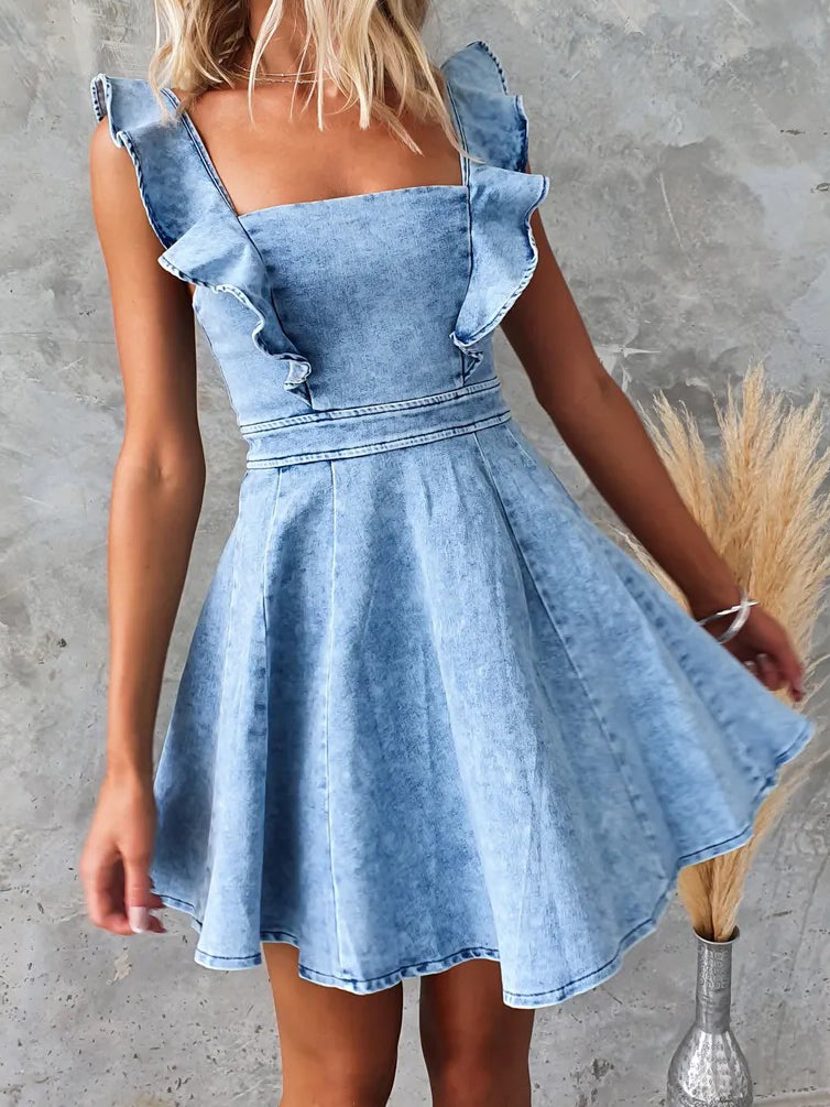 Ruffle Trim Denim Mini Dress