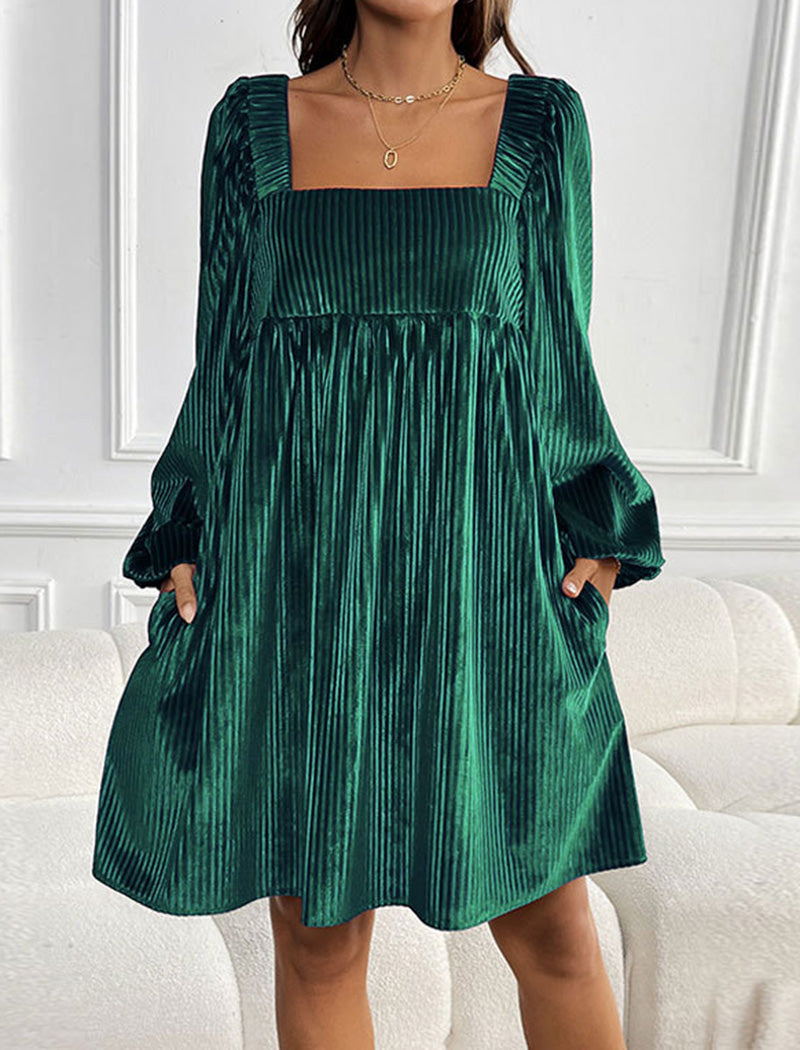 Square-Neck Pleated Mini Dress with Balloon Sleeves