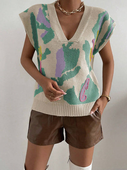 Abstract Print V-Neck Ribbed Vest