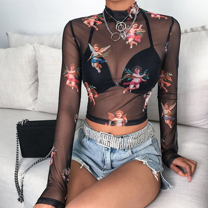 Sheer Mesh Long Sleeve Angel Print Top