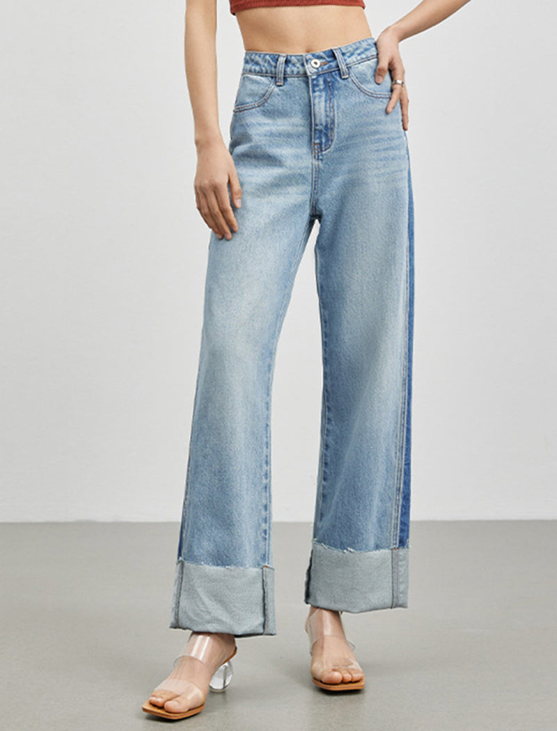 Colorblock Cuffed Wide-Leg Jeans