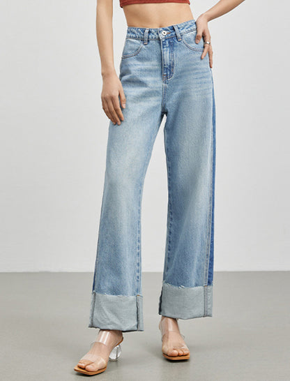 Colorblock Cuffed Wide-Leg Jeans