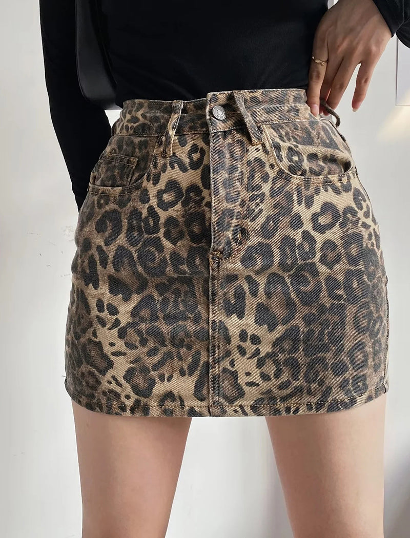 Leopard Print Denim Mini Skirt