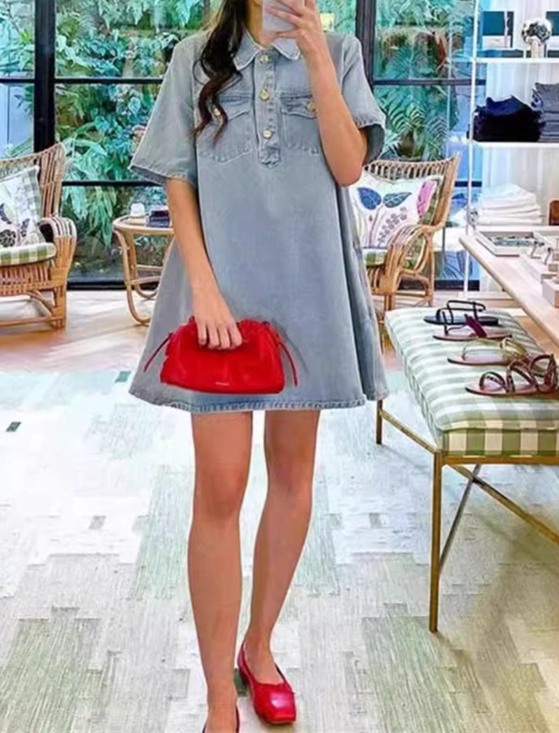 Short-Sleeve Denim Mini Dress