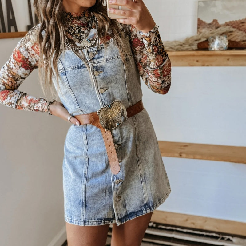 Button-Front Denim Mini Dress