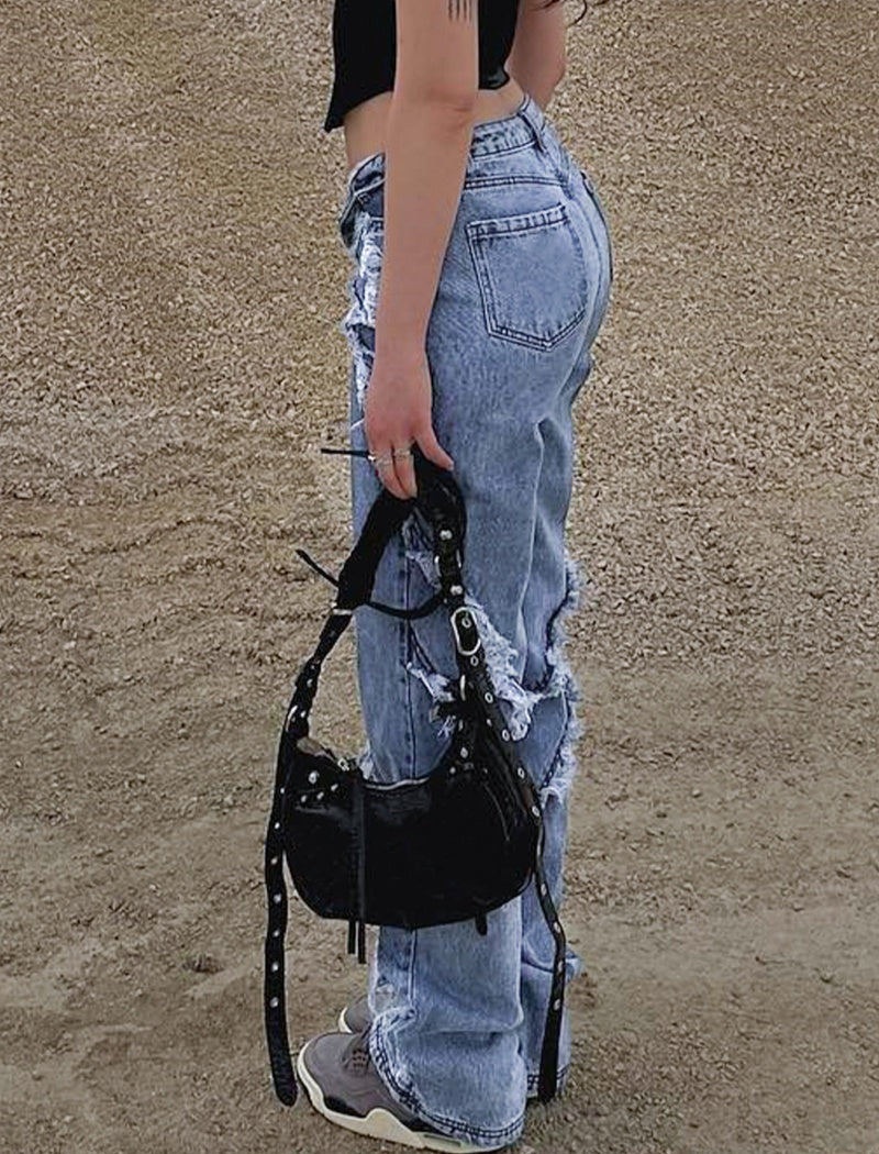 Distressed Cutout Wide-Leg Jeans