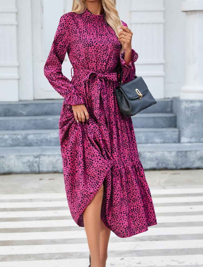 Printed Belted Maxi Dress with Long Sleeves